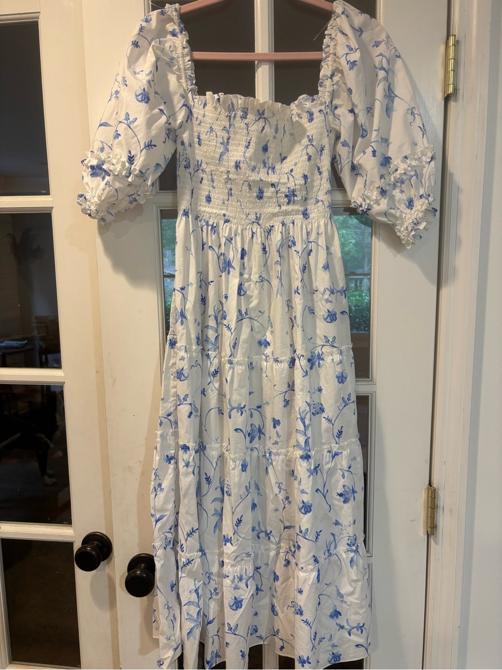 Hill house Smocked Puff-Sleeve Midi Dress in White with Blue Floral Print s